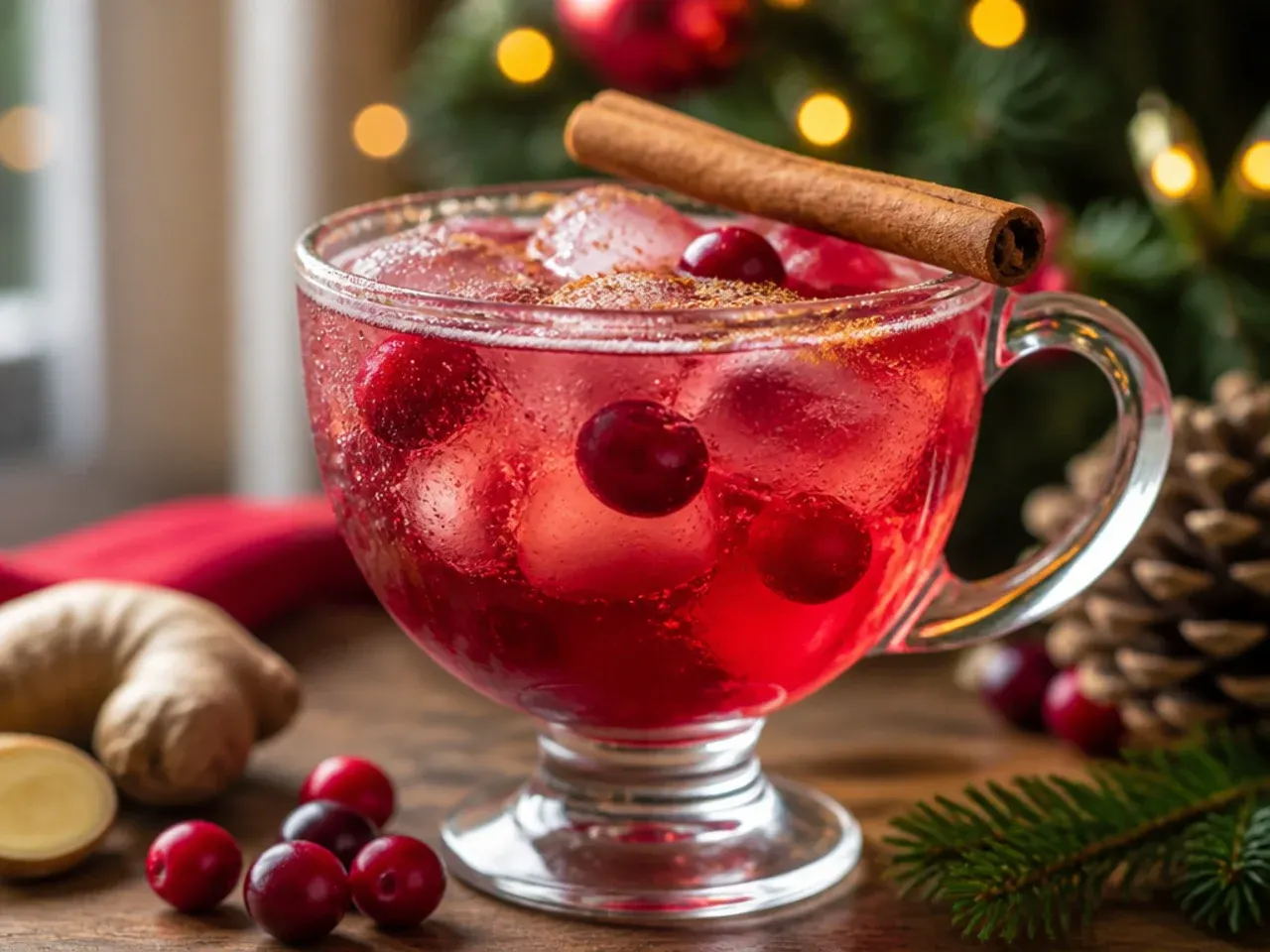 Sparkling cranberry ginger fizz mocktail with frozen cranberries in a glass
