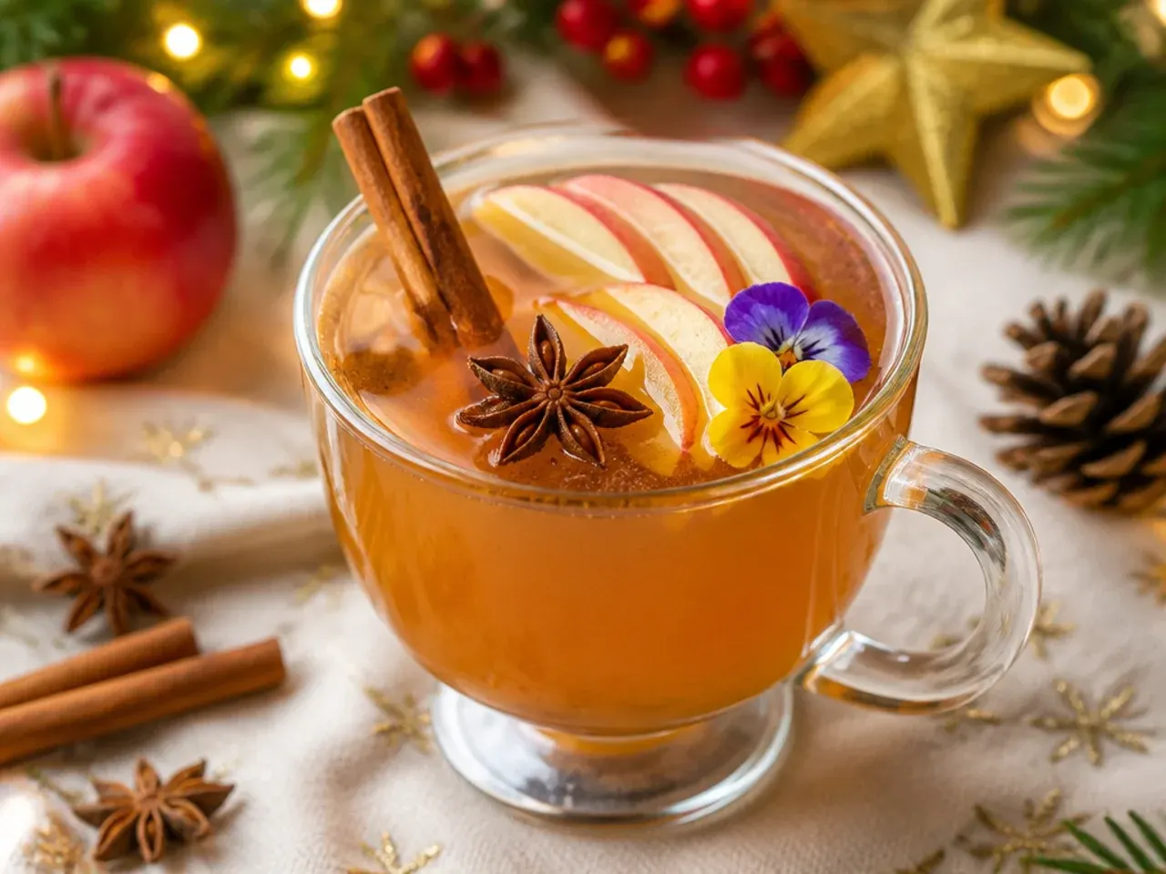 Warm spiced apple cider in a mug with a cinnamon stick and apple slice garnish