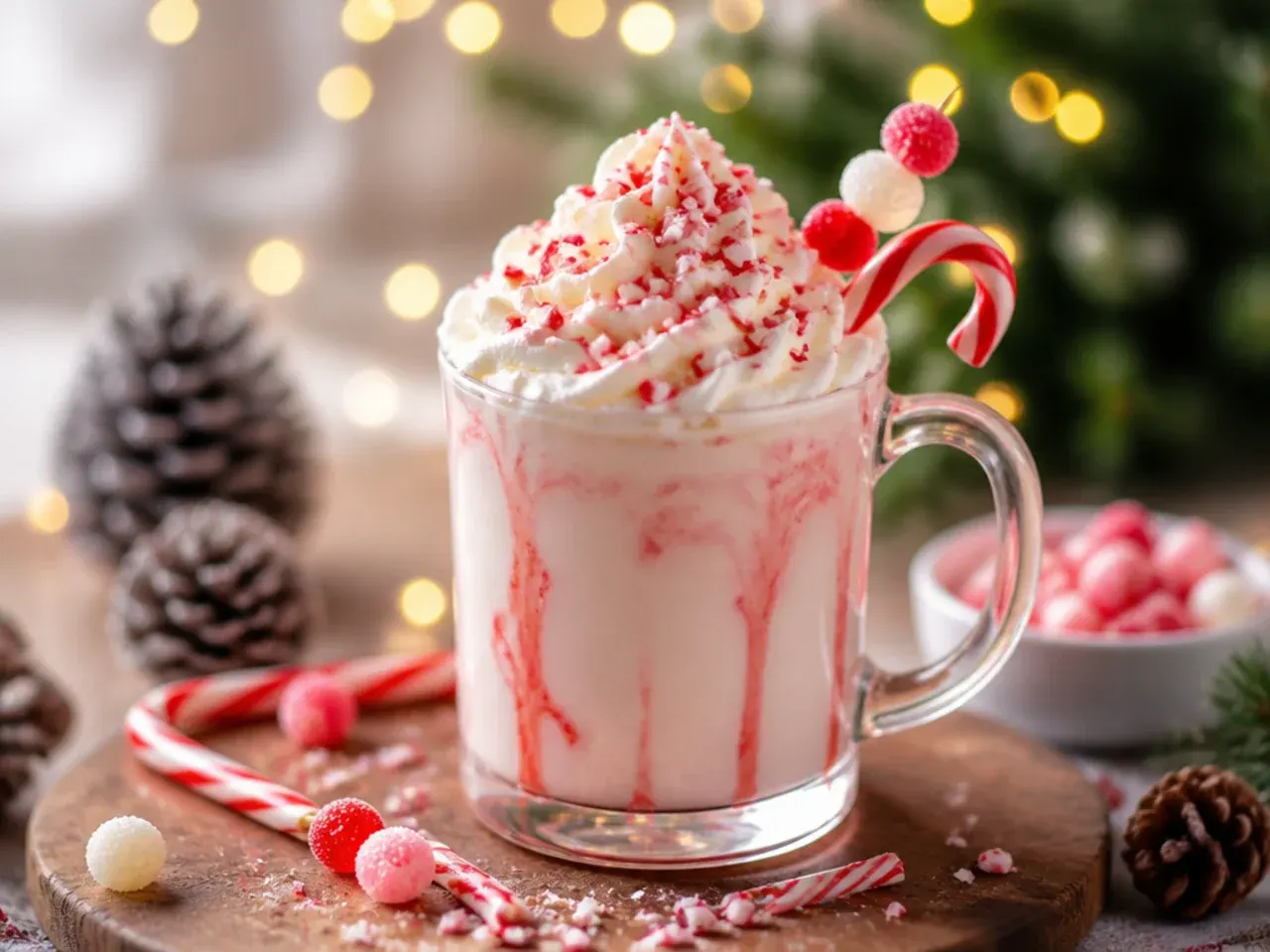 Pink candy cane milkshake in a tall glass with a crushed candy cane rim