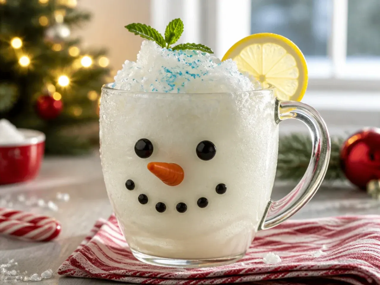 White frozen snowman slushie in a clear cup decorated with a marshmallow snowman face