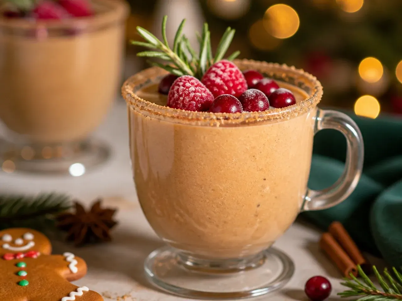 Thick gingerbread smoothie in a glass topped with cinnamon and a gingerbread biscuit