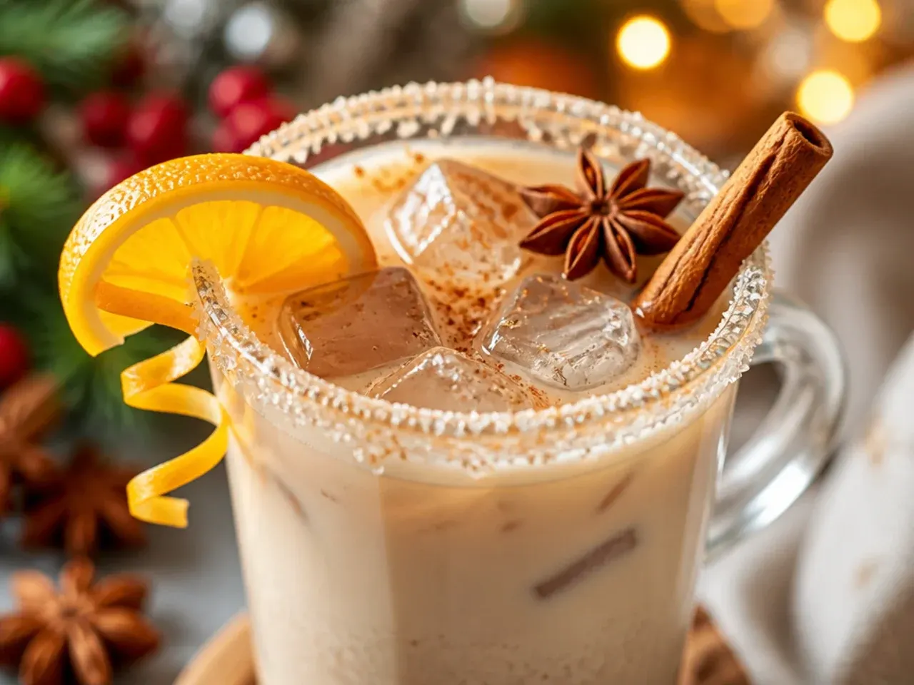 Warm spiced chai-style milk in a mug with a cinnamon stick stirrer