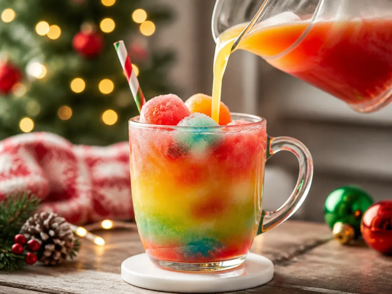 Colourful rainbow sherbet punch swirling in a glass punch bowl
