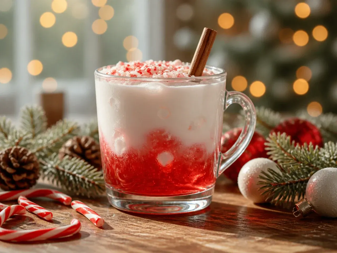 Layered red and white candy cane cooler drink in a glass