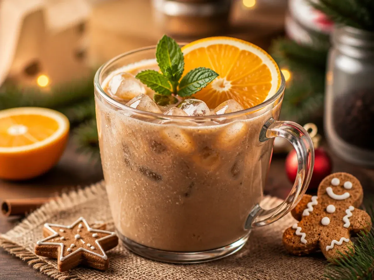 Iced decaf gingerbread latte in a tall glass topped with whipped cream