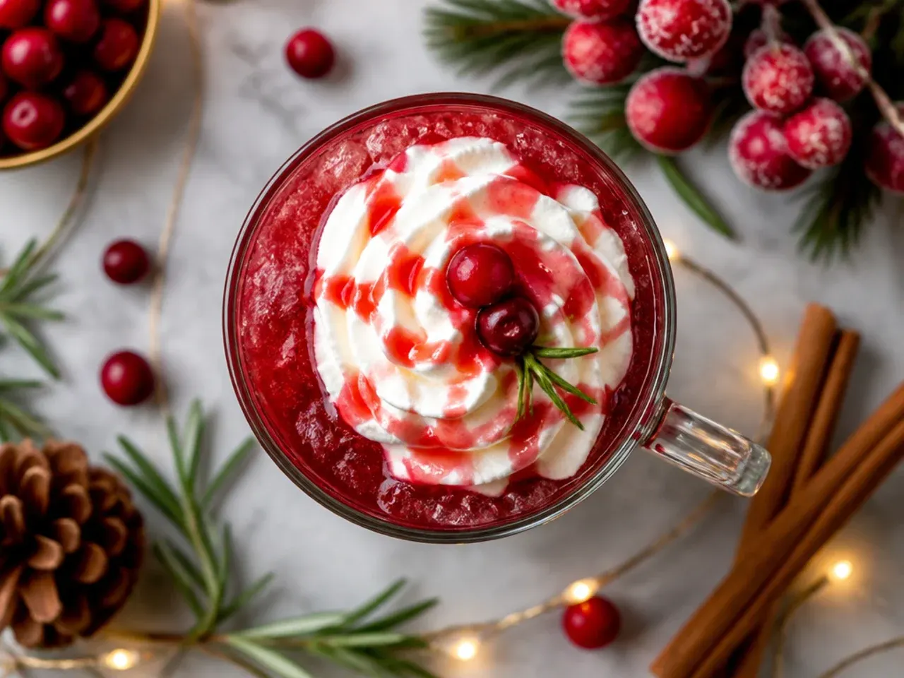 Warm mulled cranberry mocktail in a glass mug with orange slices and cinnamon