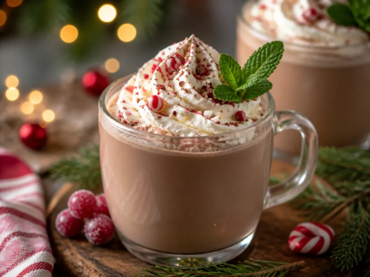 Frothy peppermint mocha steamer in a mug topped with whipped cream and chocolate shavings