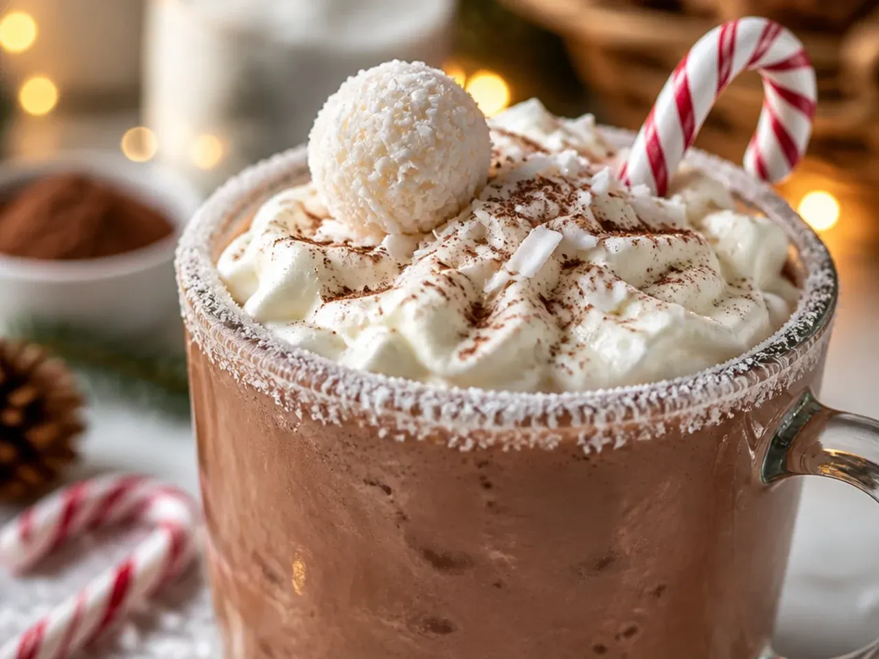 Creamy coconut hot chocolate topped with shredded coconut in a mug