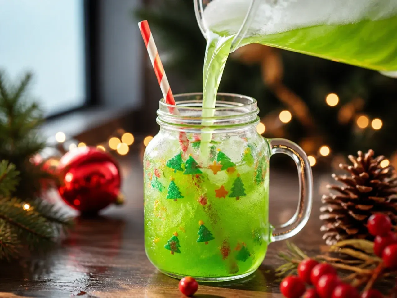 Bright green blended lime slushie in individual glasses rimmed with green sugar sprinkles