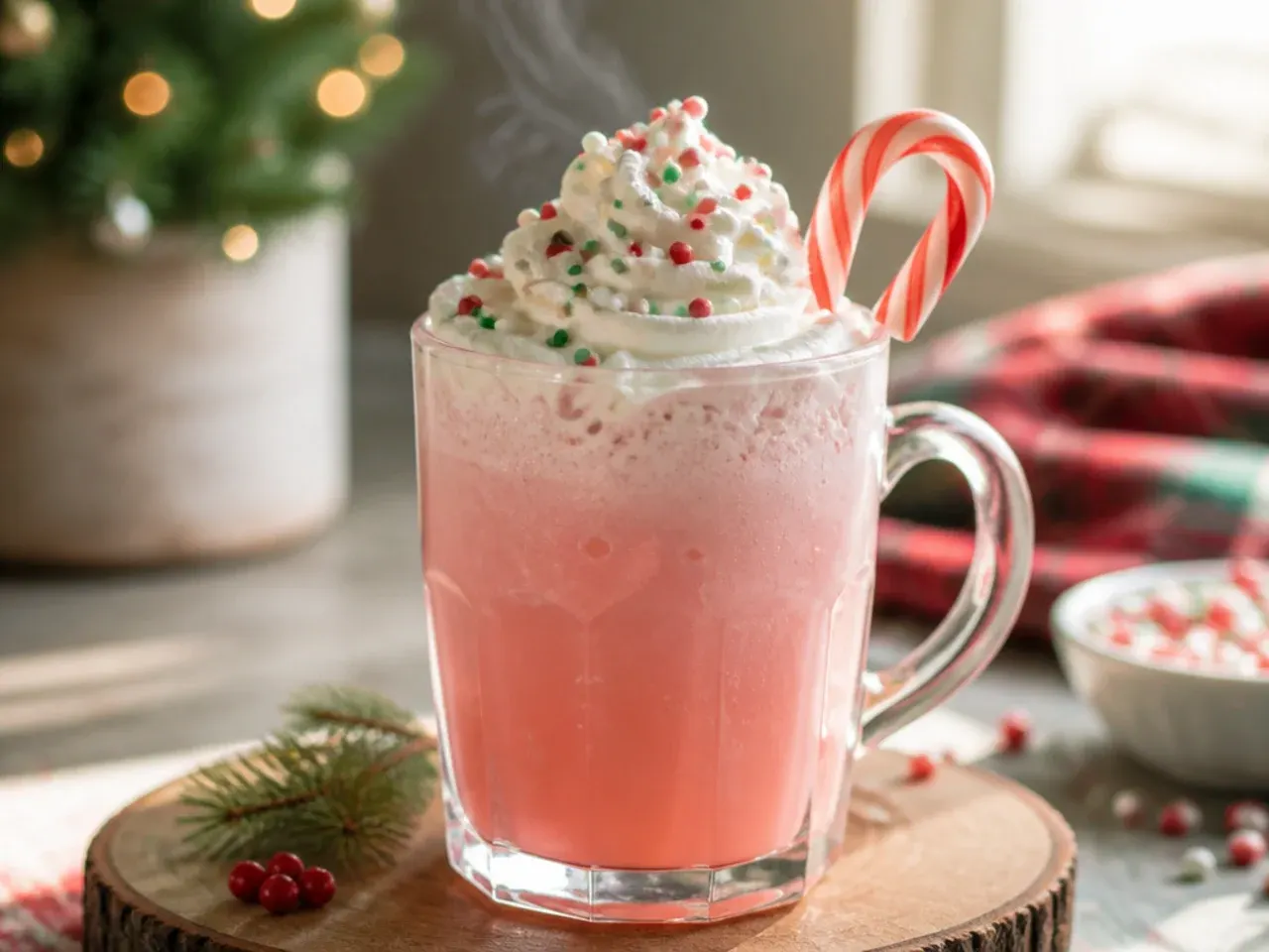 Christmas drinks garnished with candy canes, marshmallows and whipped cream on a serving tray