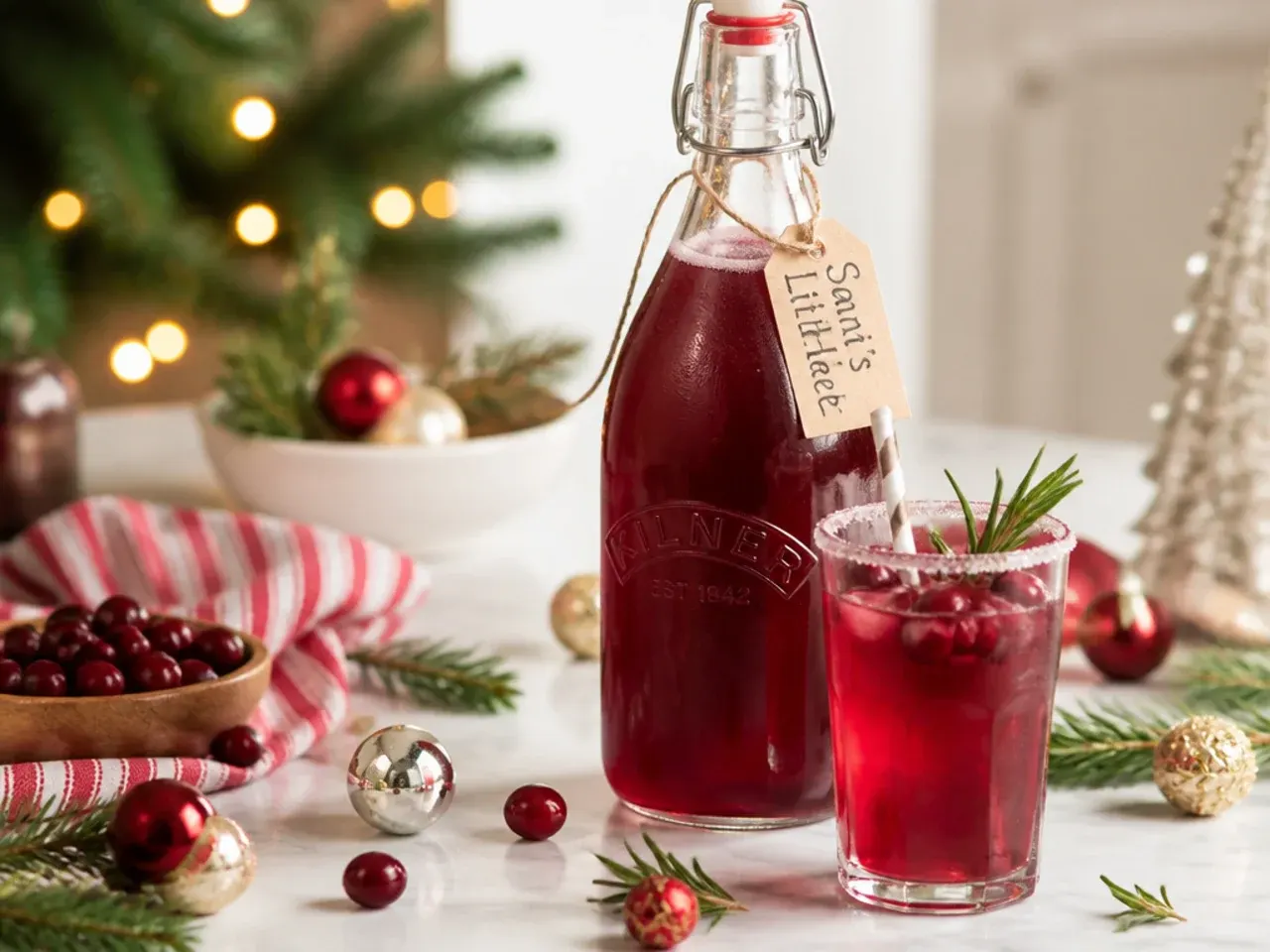Jugs of pre-made Christmas punch and juice ice cubes stored in the fridge