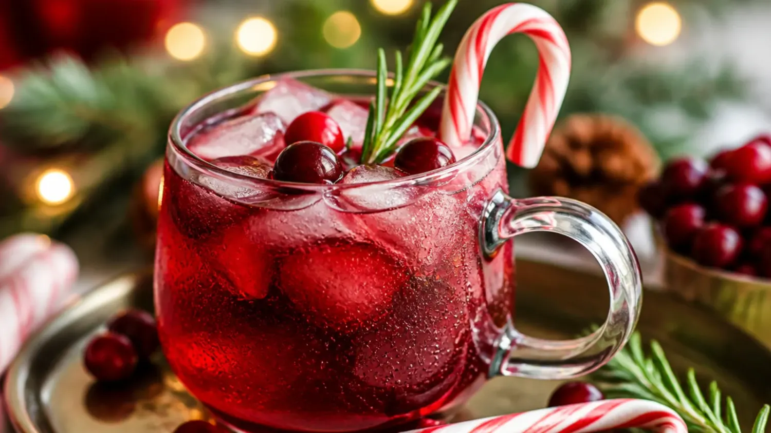 A festive table with glasses of red cranberry mocktail, peppermint hot chocolate topped with whipped cream, and mulled cider garnished with cinnamon sticks and orange slices