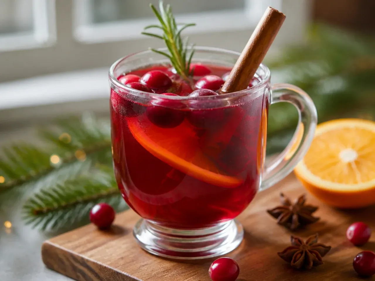 Overhead shot of several festive nonalcoholic Christmas drinks in different glasses on a wooden table