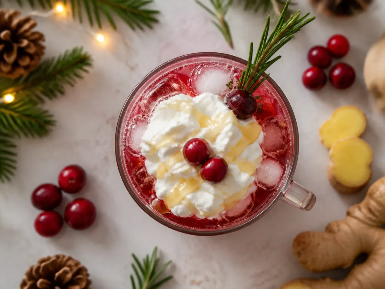 Tall glass of iced cranberry ginger fizz with floating cranberries and a lime wedge