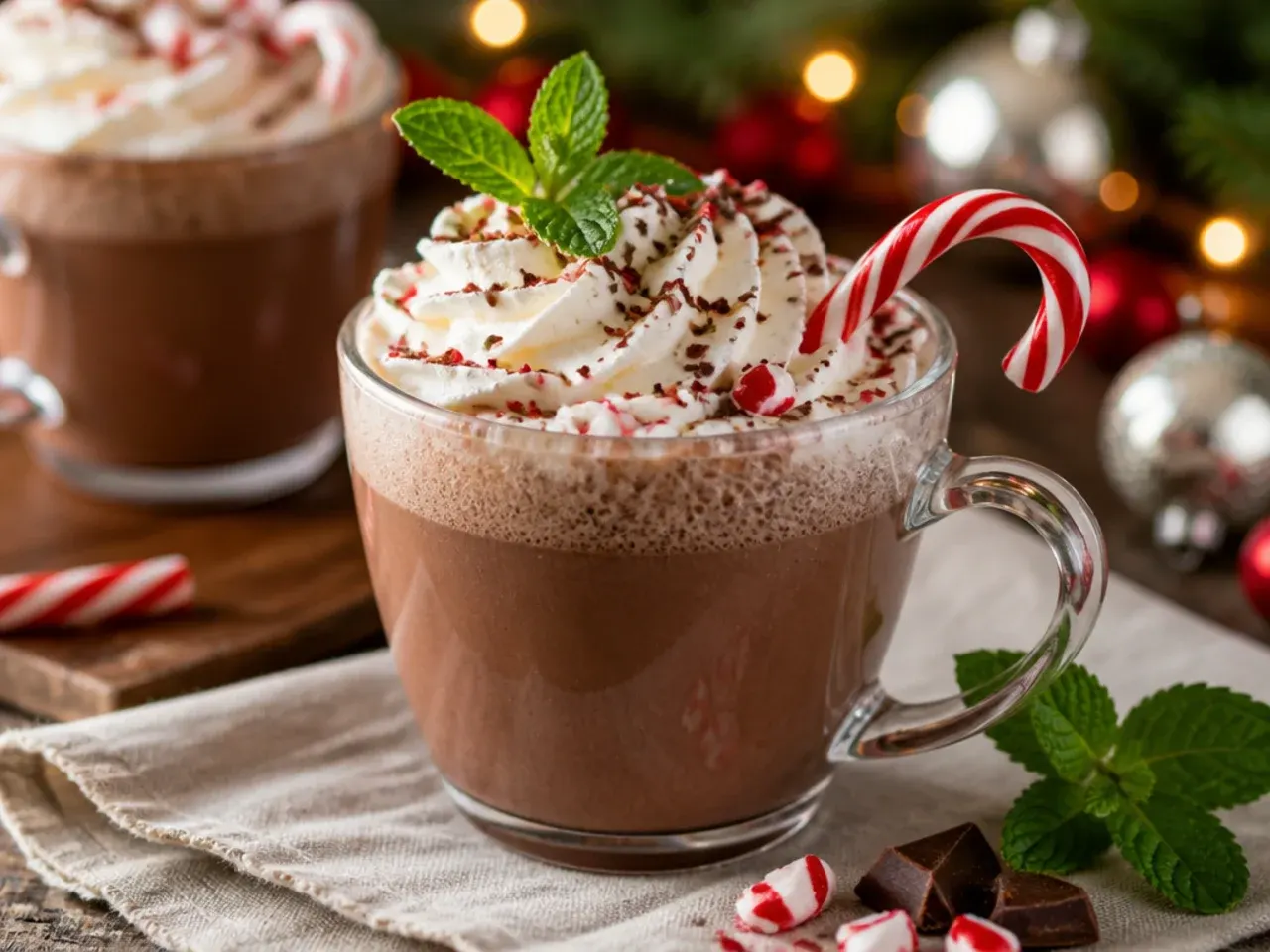 Mug of peppermint hot chocolate topped with whipped cream and crushed candy cane