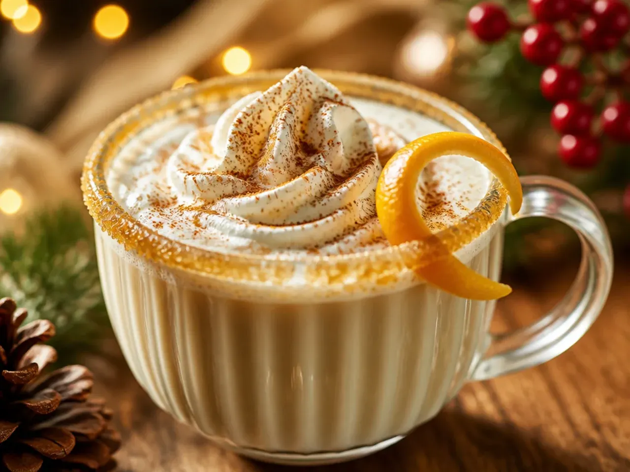 Frothy gingerbread steamer in a clear glass mug dusted with cinnamon