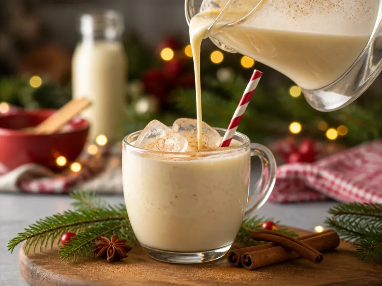 Glass mug of creamy eggnog dusted with nutmeg and a cinnamon stick garnish