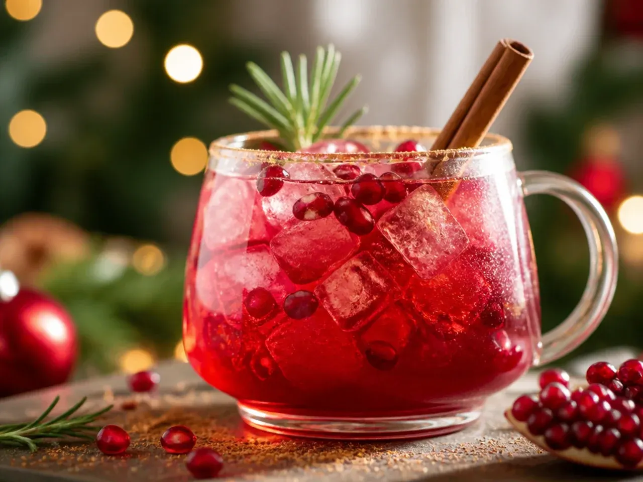 Sparkling pomegranate spritzer in a wine glass with floating pomegranate seeds and rosemary