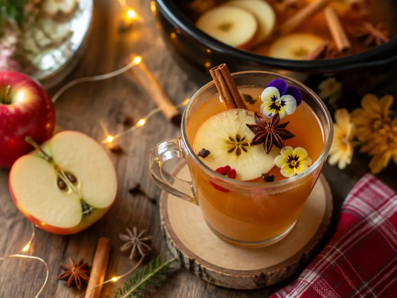 Slow cooker filled with mulled apple cider, cinnamon sticks and orange slices, with a ladle