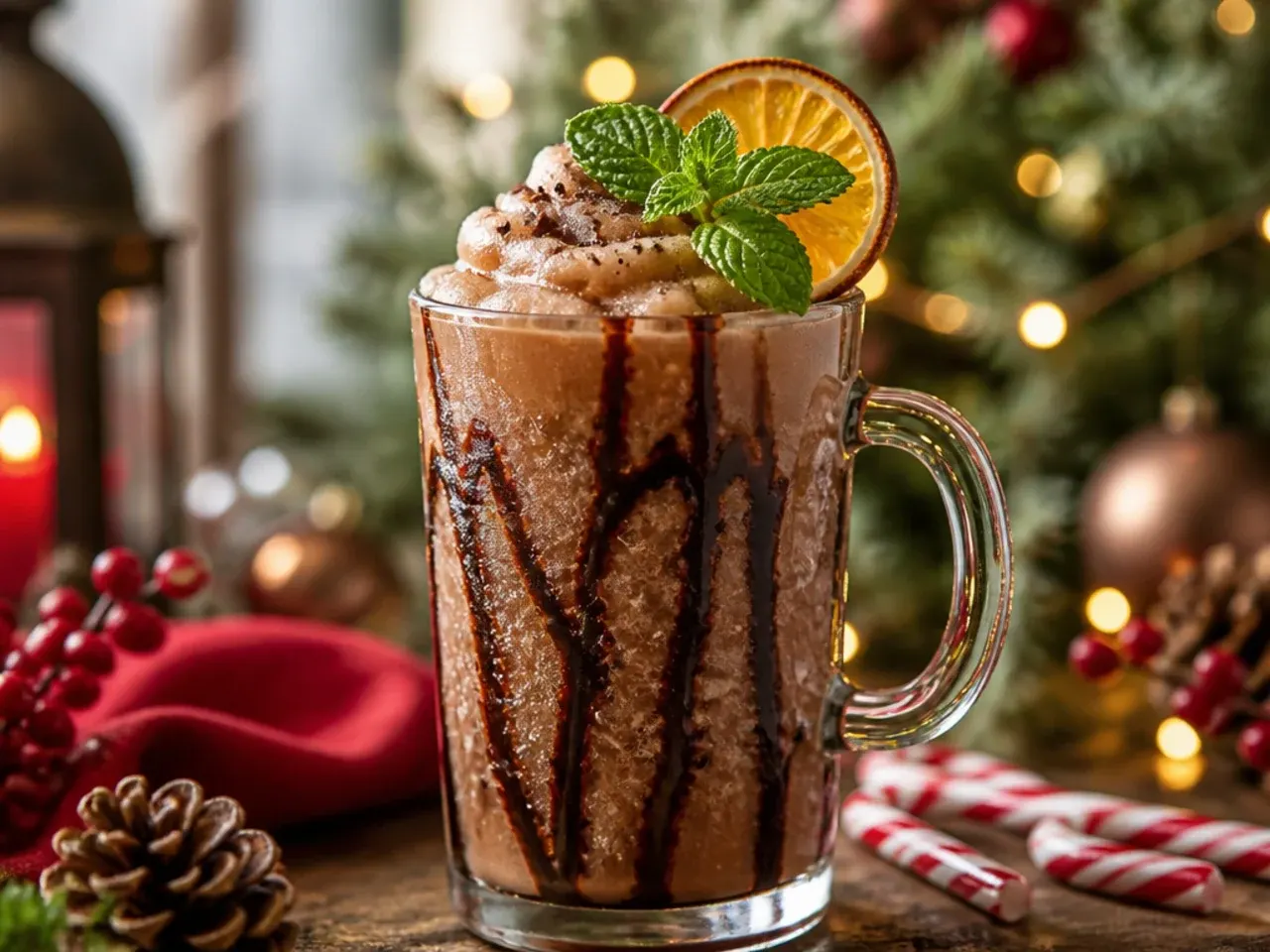 Frozen peppermint mocha slush in a tall glass topped with whipped cream and chocolate shavings