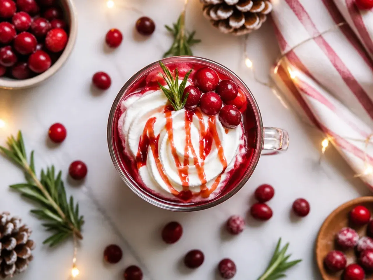 Pot of hot cranberry punch simmering on the stove with a ladle resting on the side