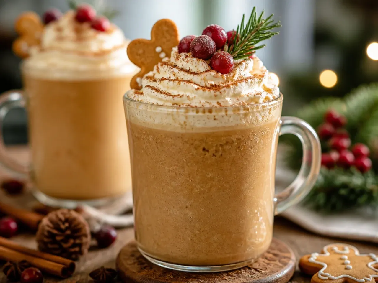Gingerbread milkshake in a glass topped with whipped cream and gingerbread cookie crumbs