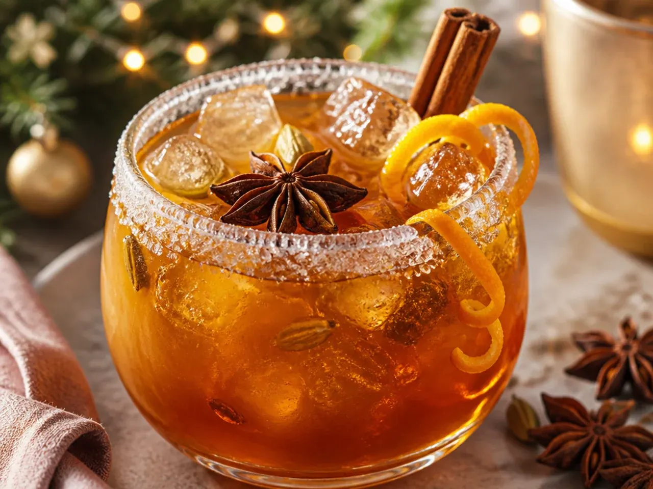 Spiced chai-style Christmas tea in a glass mug with a cinnamon stick garnish