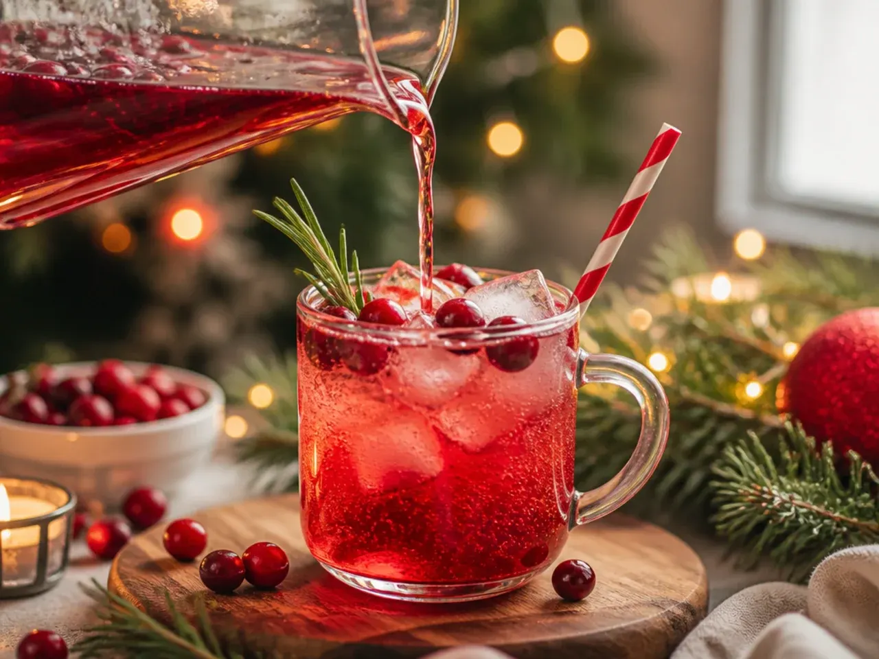 Sparkling cranberry ginger ale in a champagne flute garnished with rosemary and cranberries