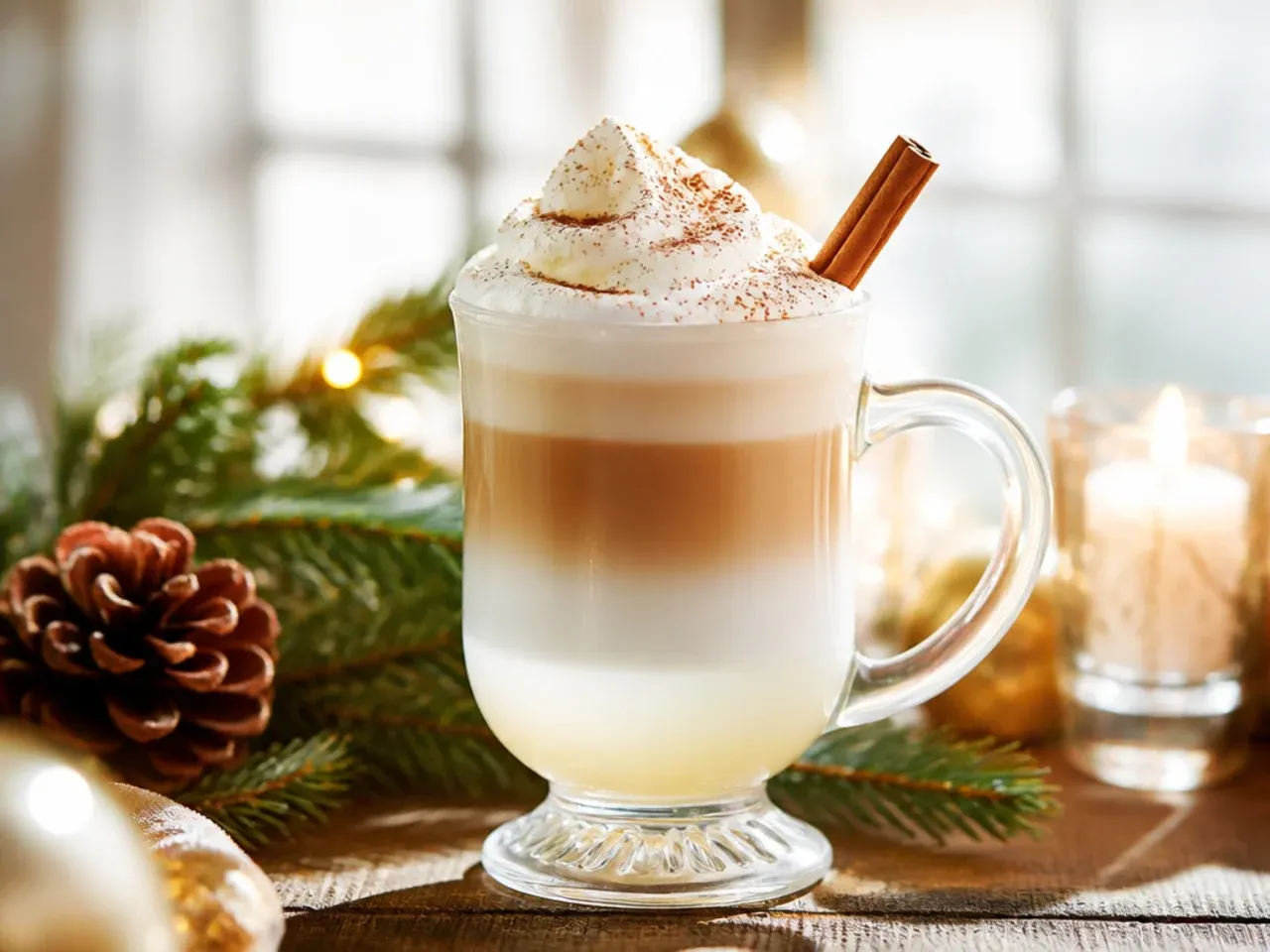 Layered white Christmas mocktail with distinct coconut cream and grape juice layers, topped with shaved coconut