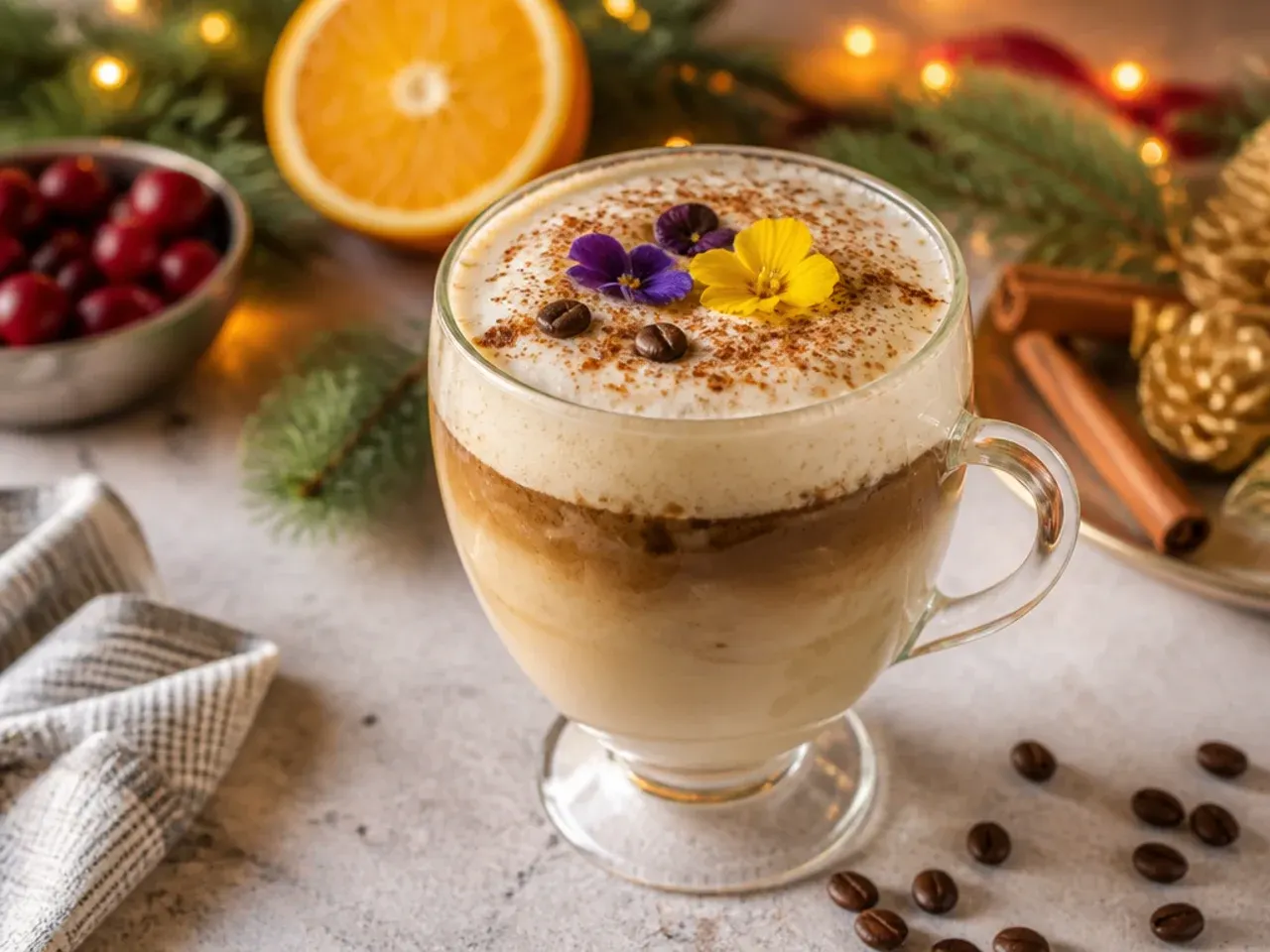 Espresso eggnog latte in a glass mug with a dusting of nutmeg on top