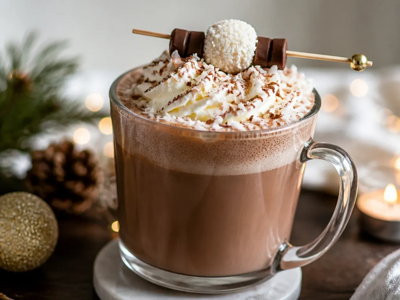 Coconut snowball cocoa in a mug topped with toasted coconut flakes
