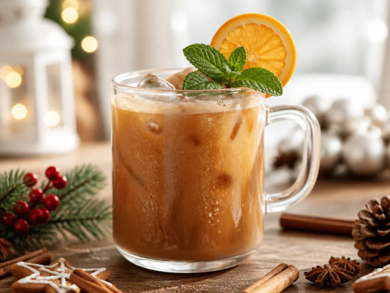 Iced gingerbread latte in a tall glass with visible milk and coffee layers