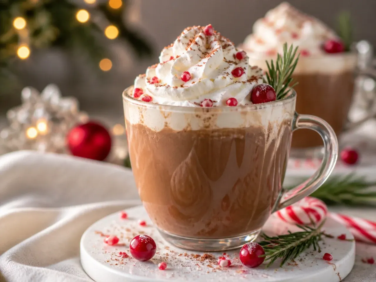 Peppermint mocha in a glass coffee cup topped with whipped cream and chocolate drizzle