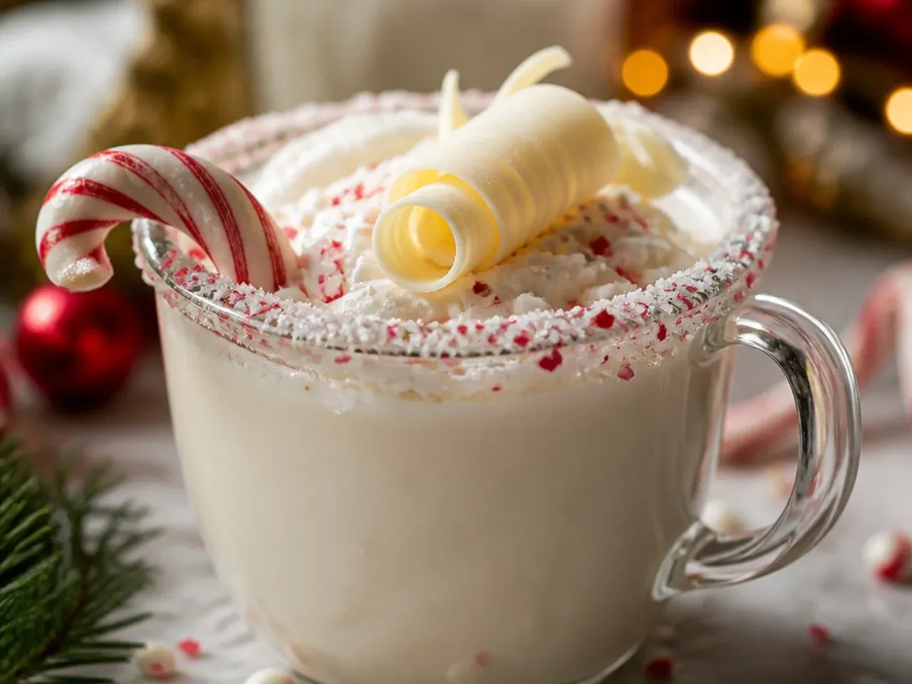 White hot chocolate in a mug topped with mini marshmallows and white chocolate curls