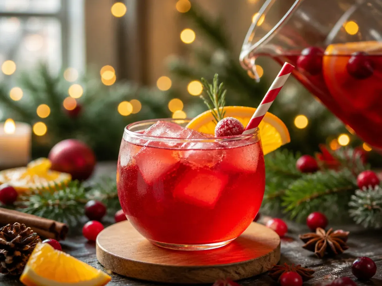 Large punch bowl of cranberry orange punch with a floating ice ring of cranberries and orange slices