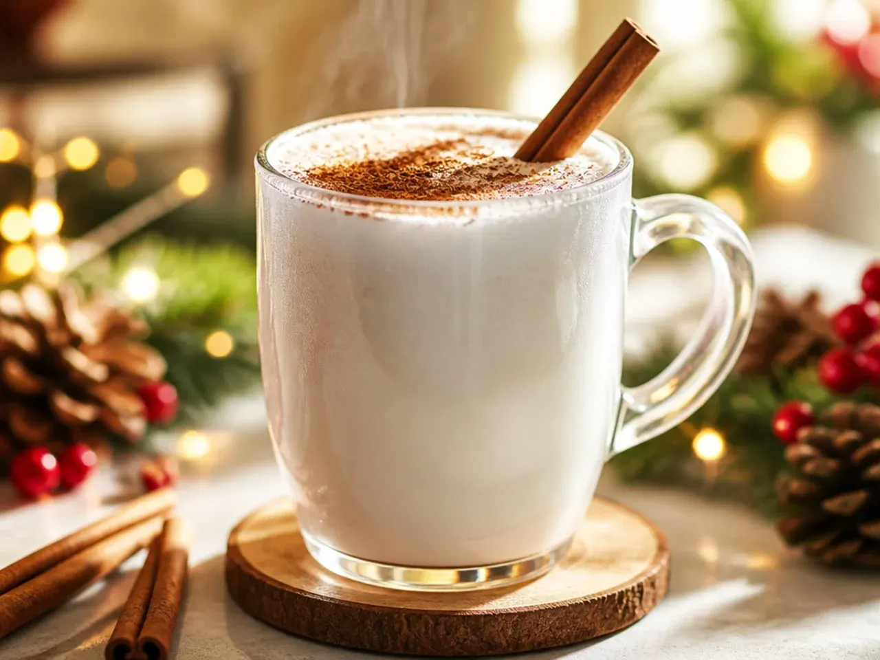 Steamed maple cinnamon milk in a glass mug with light foam on top