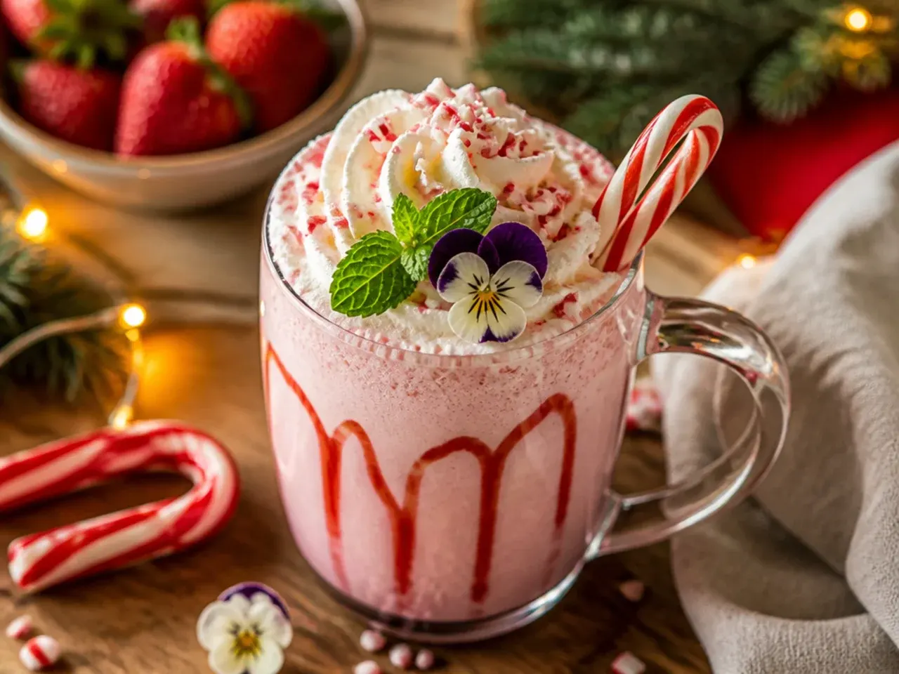 Pink-streaked candy cane milkshake in a glass with a crushed candy cane rim