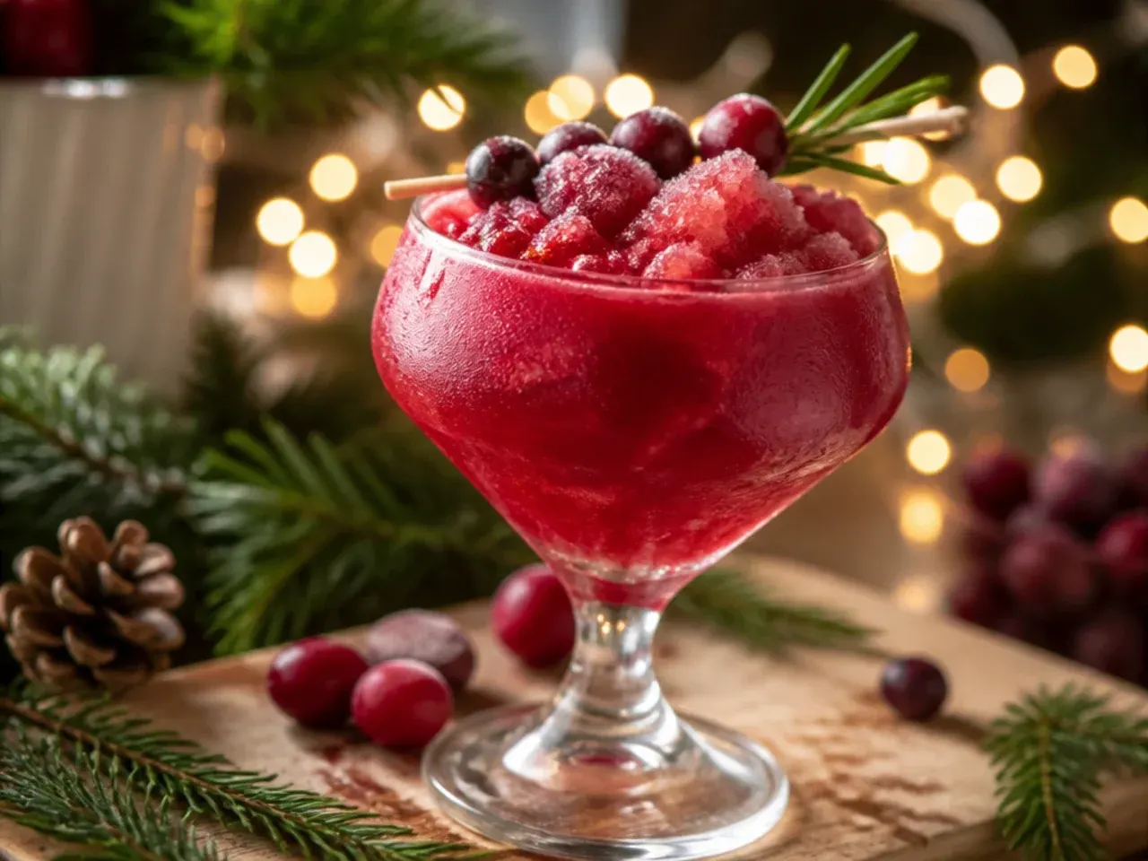 Frozen cranberry slushie in a glass with a skewer of fresh cranberries on top