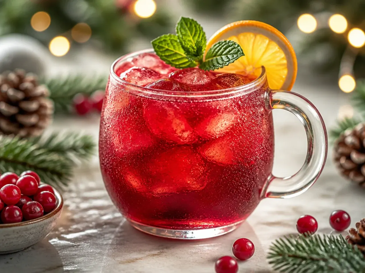 Easy cranberry cooler with lemon-lime soda in a glass with ice and a lime wedge