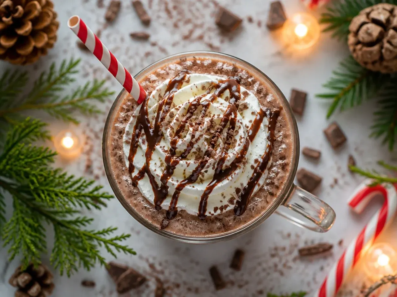 Blended frozen hot chocolate in a tall glass topped with whipped cream and chocolate shavings
