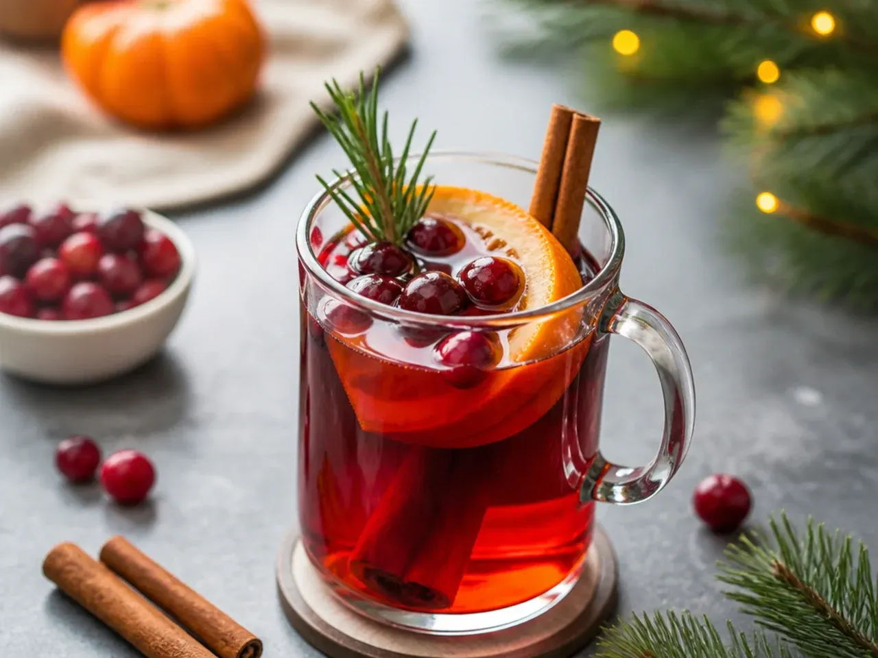 Table set with garnish options including cinnamon sticks, orange slices, candy canes and whipped cream for Christmas drinks