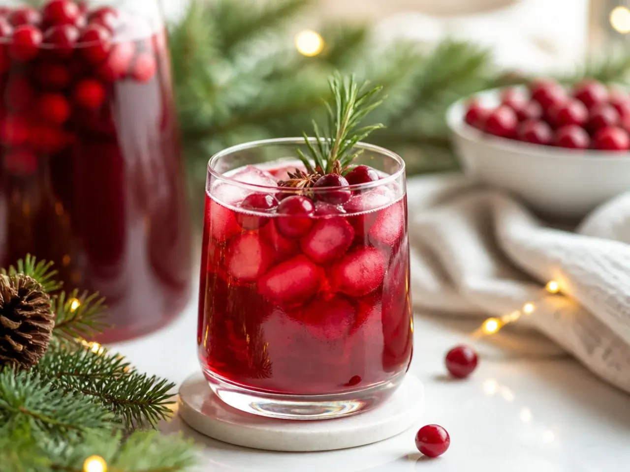 Pitchers of make-ahead Christmas drinks lined up in the fridge with labels