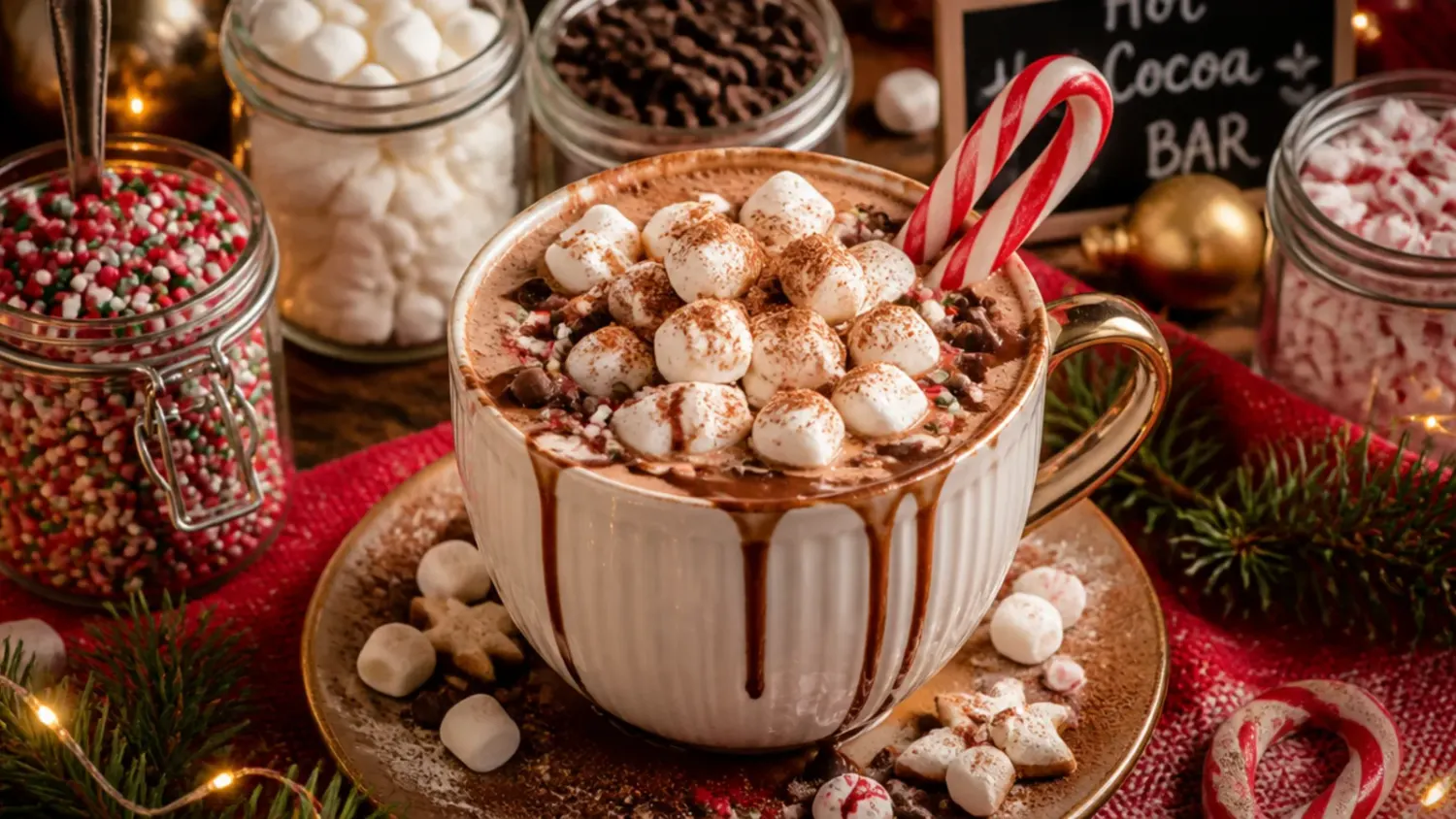 A festive christmas hot cocoa bar with mugs of hot chocolate, marshmallows, candy canes and whipped cream toppings