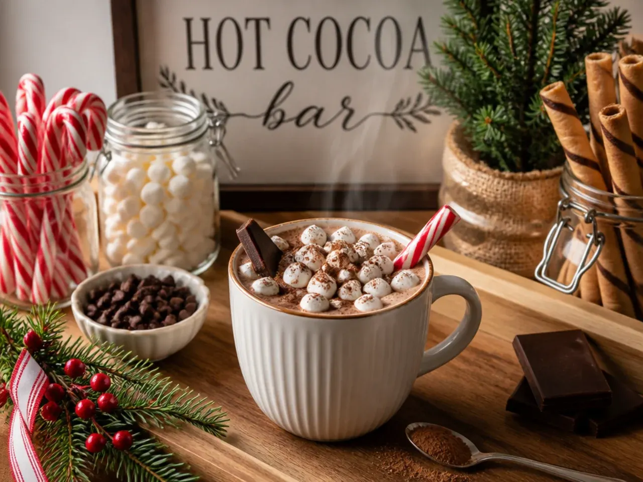Overhead shot of a small christmas hot cocoa bar tray with toppings in jars