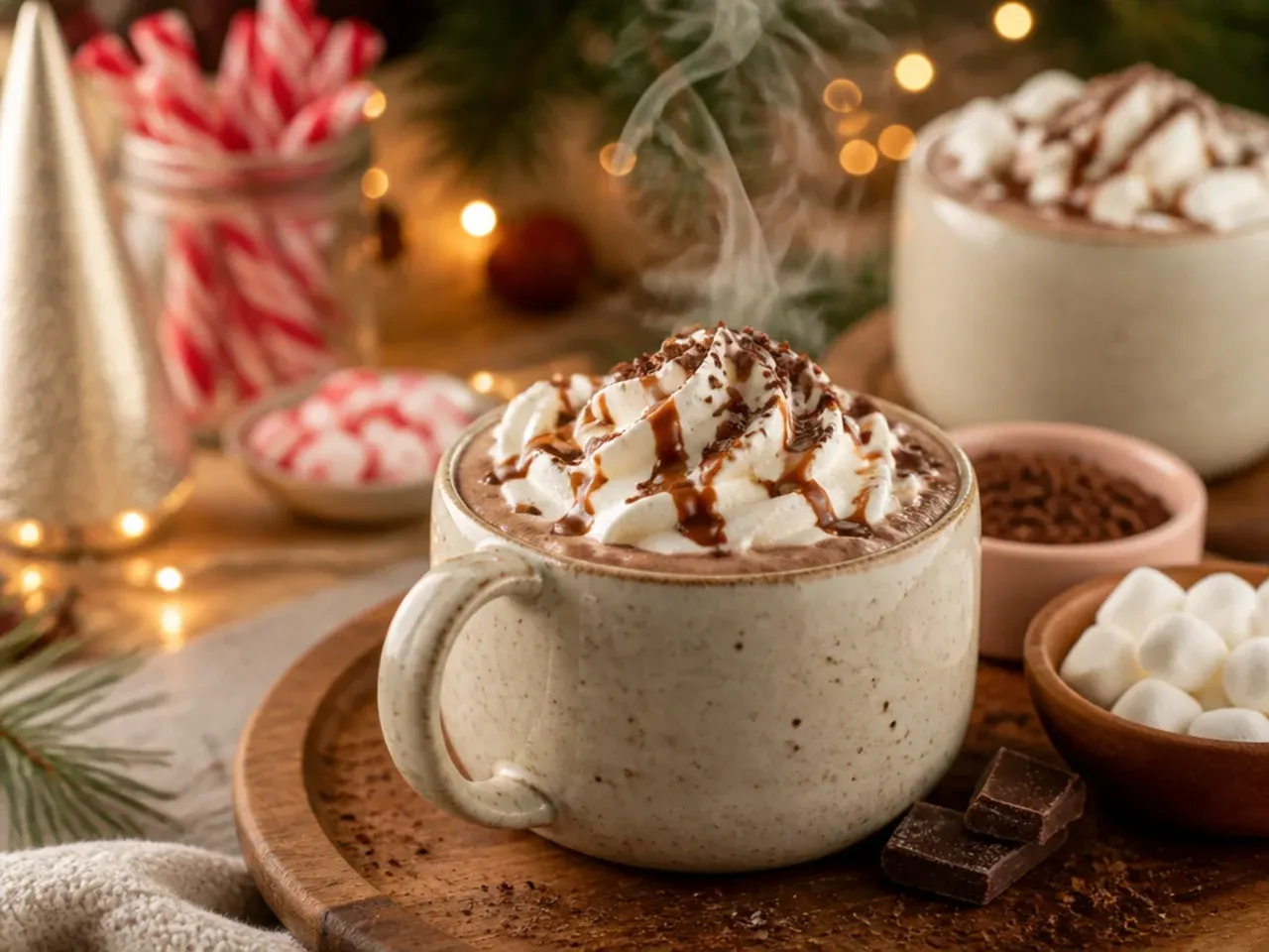 Jar of cocoa mix with a spoon next to a mug of hot chocolate