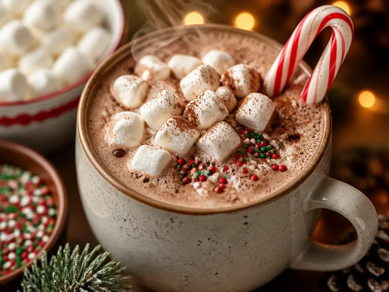 Spiced hot chocolate with a cinnamon stick and grated nutmeg on top