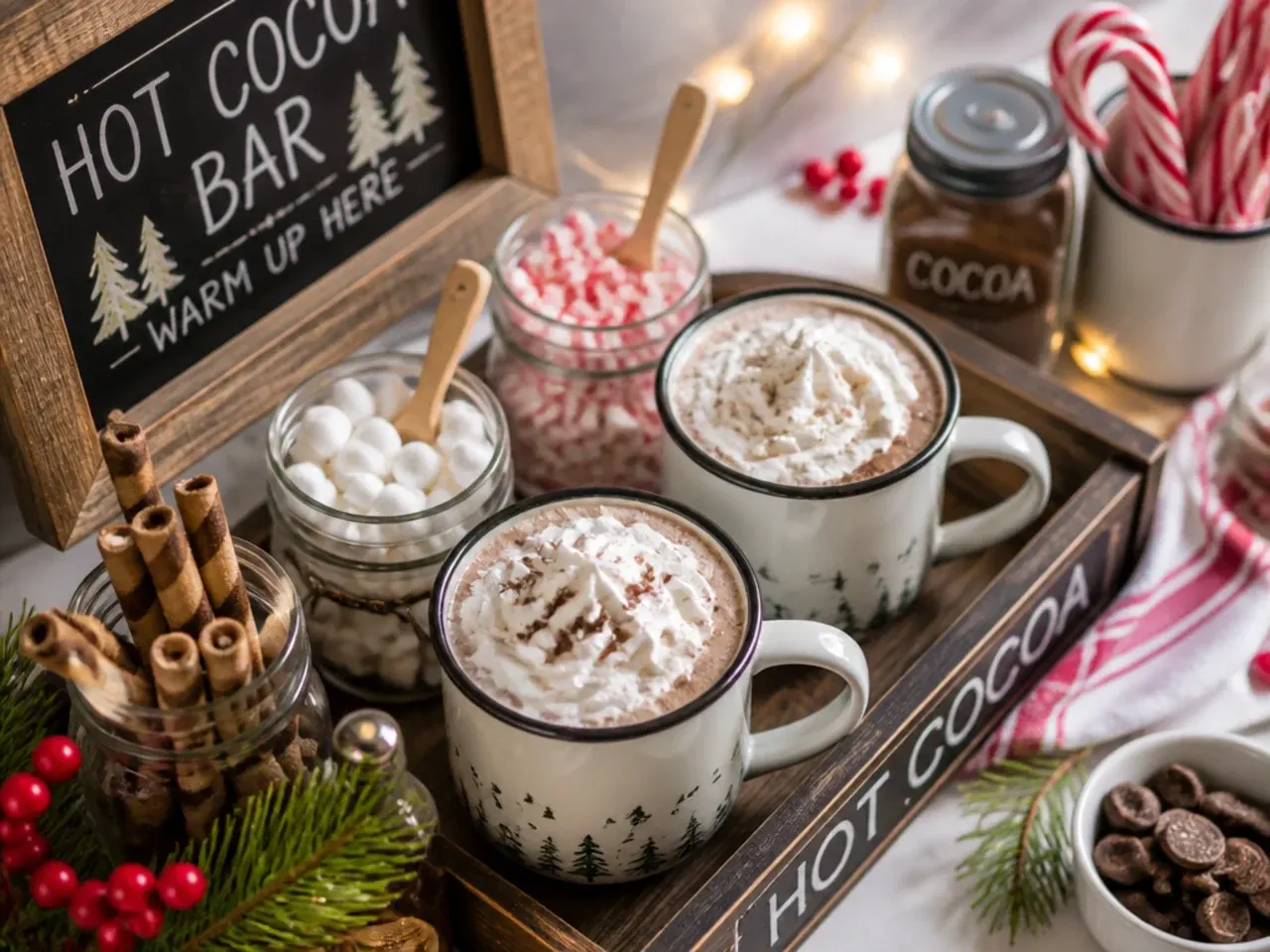 Hot cocoa bar toppings station with small bowls of marshmallows, sprinkles and candy canes