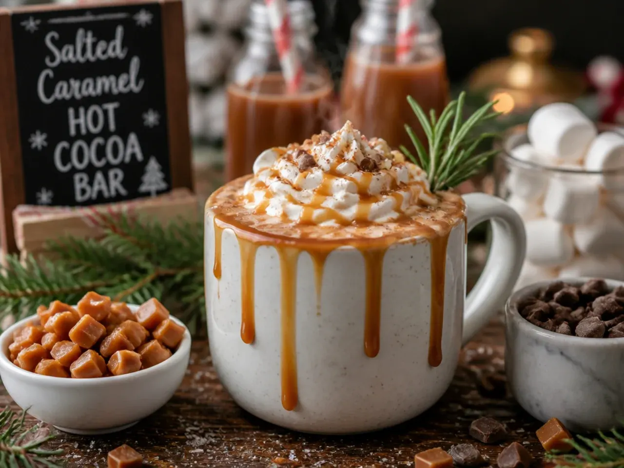Hot chocolate topped with caramel drizzle and a sprinkle of sea salt flakes