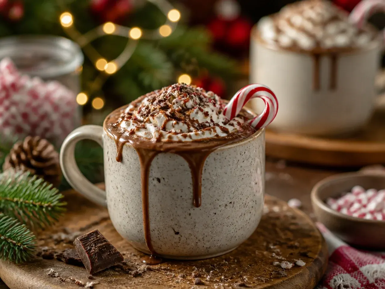 Slow cooker filled with hot chocolate and a ladle, set up for a party