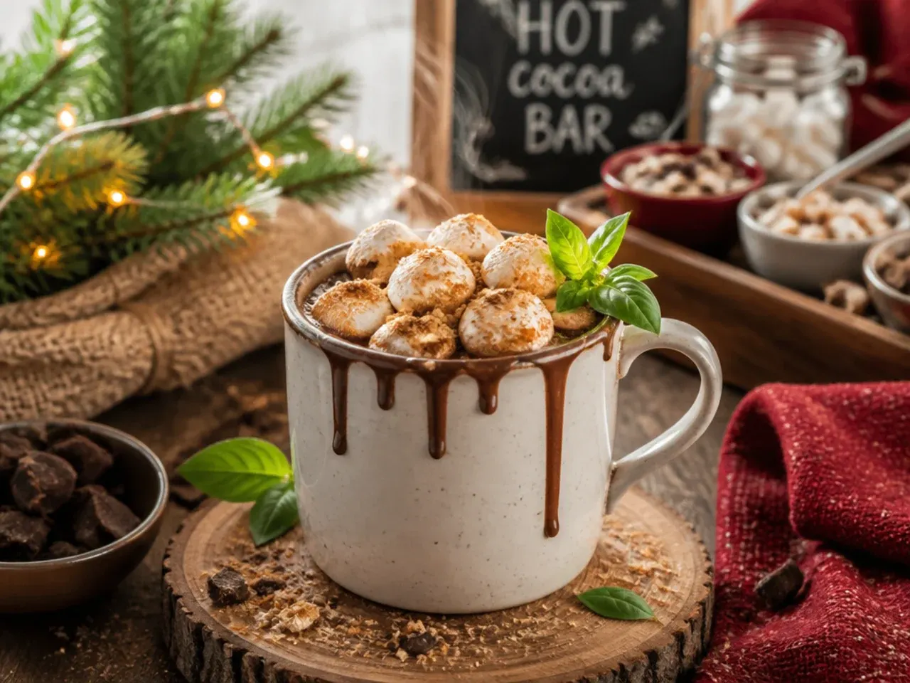 Peppermint hot chocolate with crushed candy cane on whipped cream